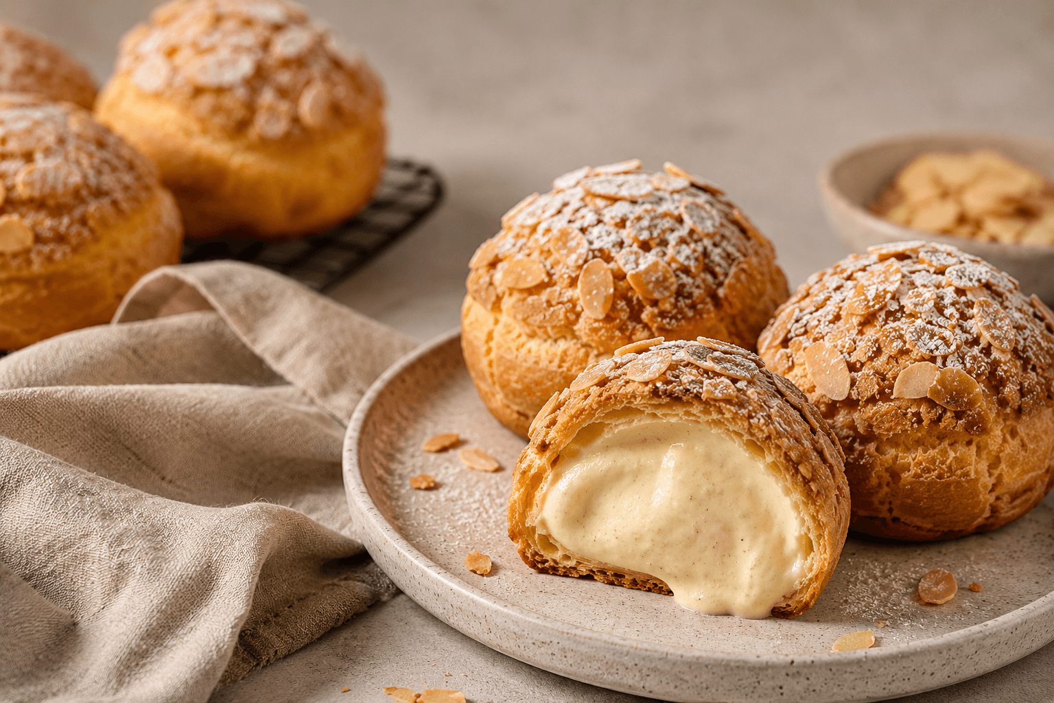 Kue sus craquelin bertopping almond, satu terbelah dengan custard vanilla